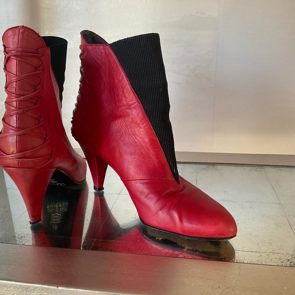 Gorgeous Italian Red Boots with lattice back and stretchy front.